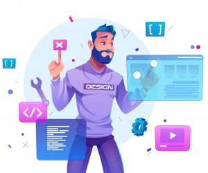 Web development, programmer engineering and coding website on augmented reality interface screens. developer project engineer programming software or application design, Cartoon vector illustration